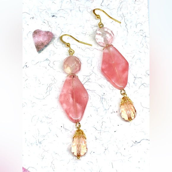 Pink Cherry Quartz Rhombus Watermelon Crystal and Glass Teardrop Dangle Earrings - Picture 2 of 3